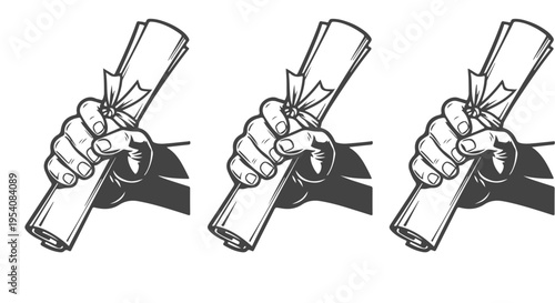 Three hands holding rolled up documents with ribbons