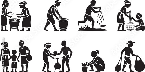 Rural villagers performing daily chores and work in silhouetted style on transparent background