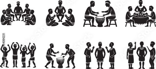 Silhouettes of groups of people engaged in gathering music playing and celebration