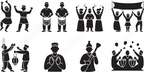 Silhouettes of people in traditional ethnic clothing engaged in cultural activities and music