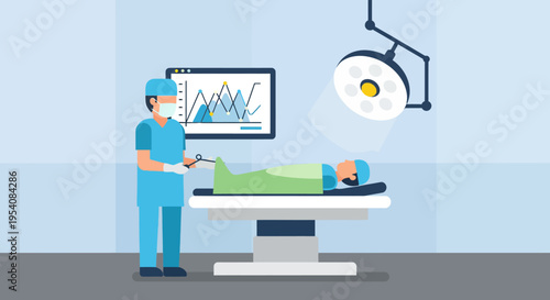 Medical Operation in a Modern Operating Room with Surgeon and Patient Monitored on Screen