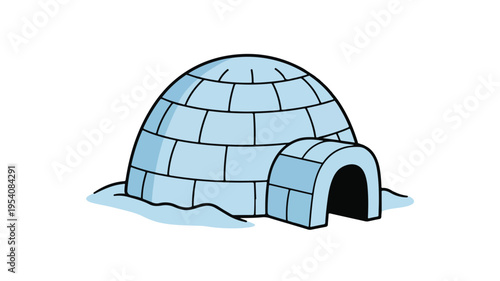 Illustration of a traditional Greenland igloo made of ice blocks with a snow-covered entrance tunnel on a white background