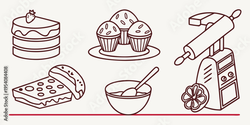 Line of baked goods and kitchen tools for baking line baked goods cake muffins