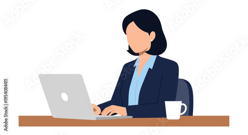 Professional businesswoman diligently focused on her laptop at a modern office desk, embodying productivity and digital engagement in a contemporary work environment