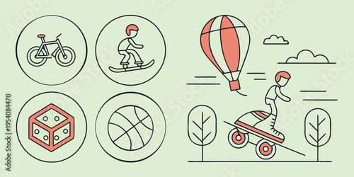 Outdoor Recreation Featuring Bicycle Skateboard hot air balloon dice