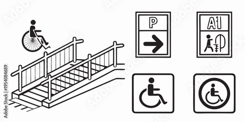 Black and white line of wheelchair ramp and accessibility signs line disability