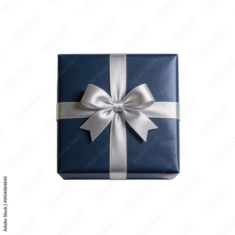 Obraz premium Navy blue gift box wrapped with a shimmering silver satin ribbon and decorative bow is isolated on a white background.