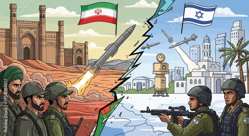 Stark split screen illustration representing geopolitical conflict between iran and israel with soldiers and missiles over landmark buildings and city