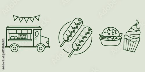 Food truck and snacks hot dogs hamburger cupcake