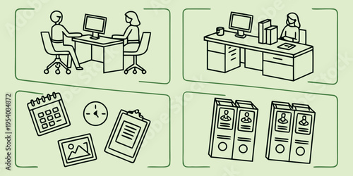 Green office and workspace office workspace green background line business desk computer