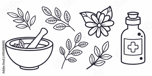 Herbal medicine bottle and mortar with leaves medical