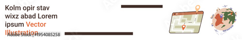 Navigation, logistics, globalization, travel planning, location tracking, networking. Geotag on map next to a global icon. Navigation and logistics for efficient services