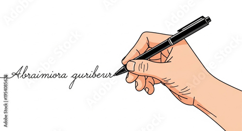 Hand Holding Pen Writing on White Surface Illustration.