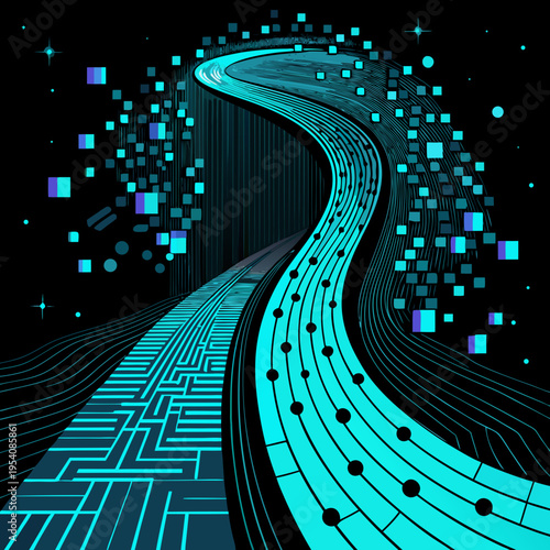 Futuristic digital pathway with glowing blue circuitry and data visualization elements