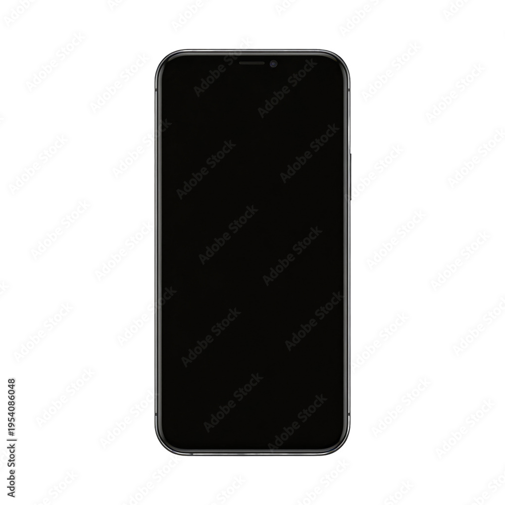 Naklejka premium Sleek modern smartphone with a black display and metallic frame is presented frontally on a solid white background.