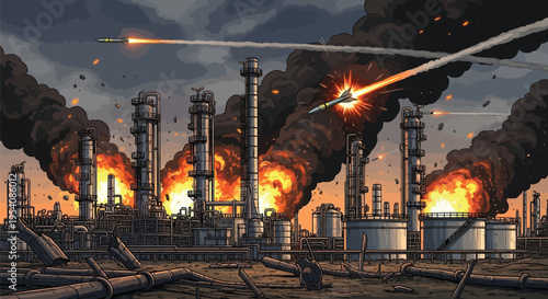 Nuclear explosion and missile attack on industrial oil refinery complex with explosions smoke and fire destruction concept