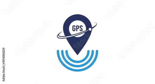 GPS Location Icon with Orbiting Lines and Signal Waves.