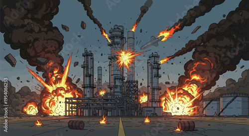 Industrial oil refinery under attack with missiles explosions smoke fire and debris war and destruction concept