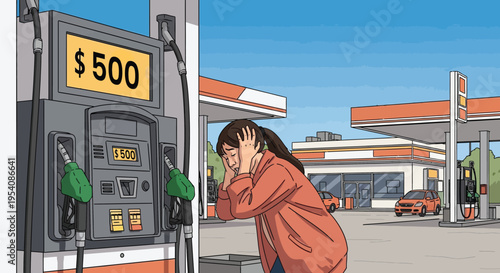 Woman holding her head in shock looking at high price on gas station pump during fuel crisis and inflation period showing emotional impact of expenses