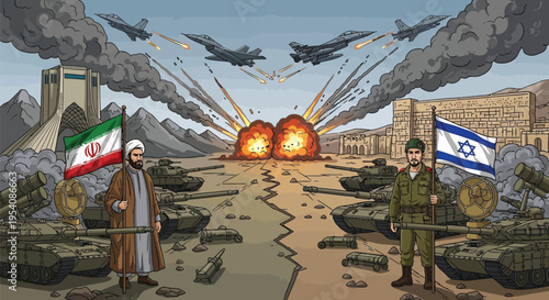 Geopolitical conflict illustration between iran and israel featuring tanks jets and explosions representing middle east tension and military warfare act