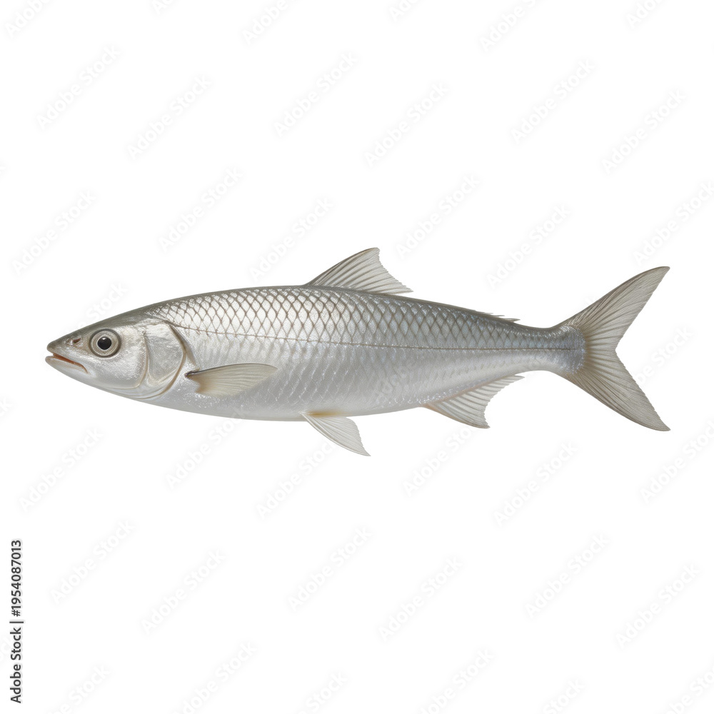 Fototapeta premium Milkfish Chanos chanos is displayed in a side profile view showcasing its metallic silver scales and forked tail on a white background.