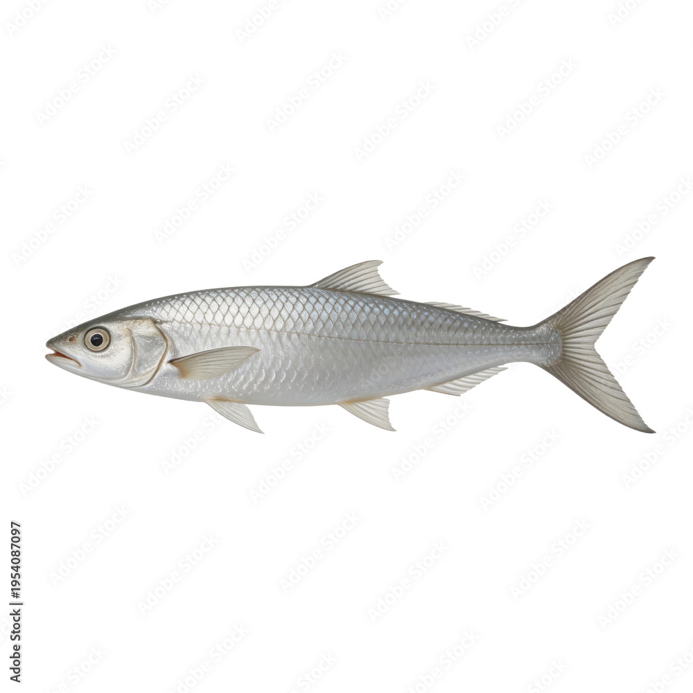 Obraz premium Silver bonefish illustration displays its sleek body, large eye, and intricate scale patterns on a clean white background.