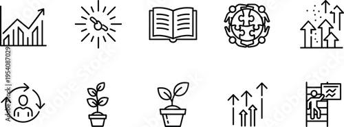 Growth icons, innovation, education, teamwork, collaboration, success, career advancement, personal development, nurturing, progress, achievement, business improvement, learning, sustainability