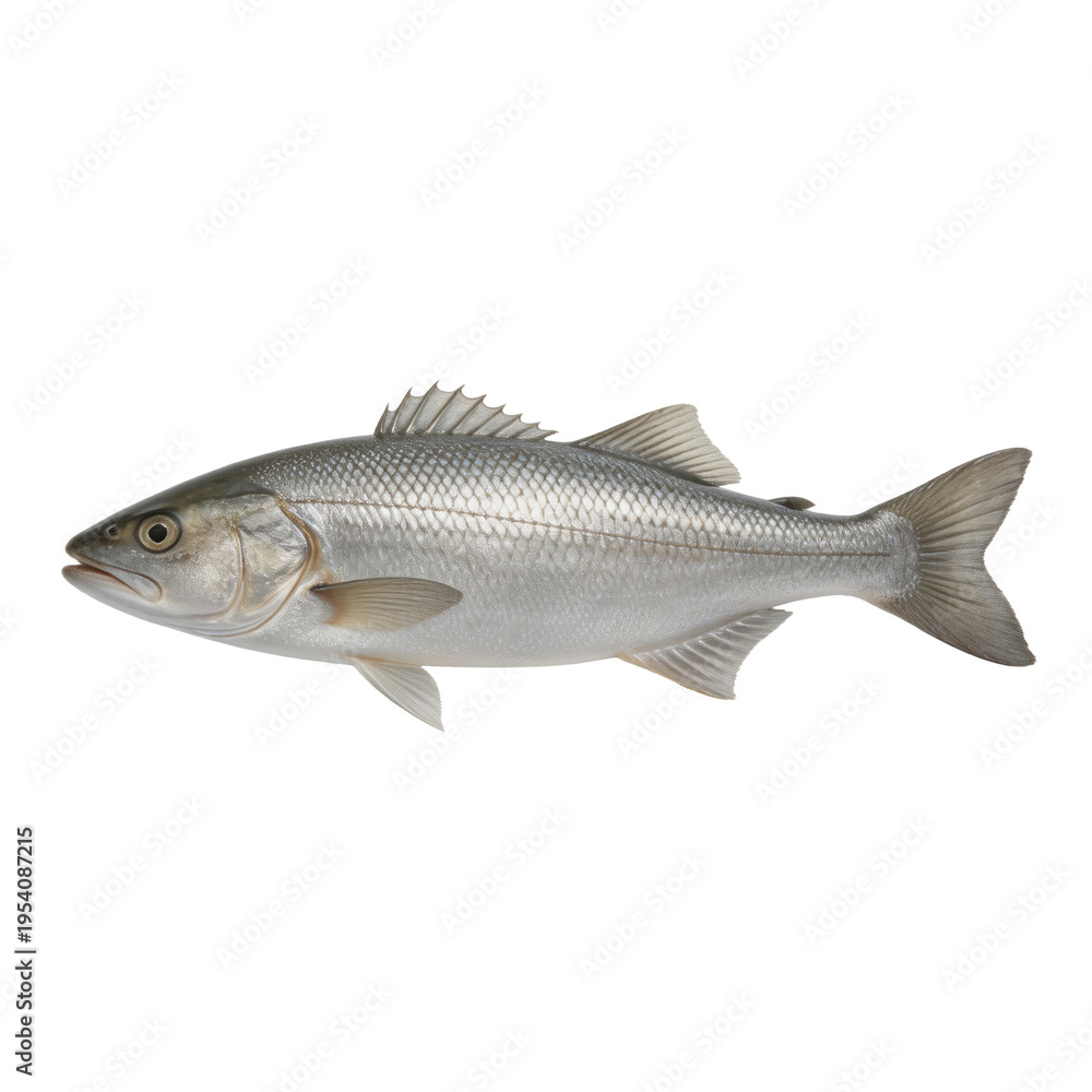 Obraz premium European sea bass fish with shimmering silver scales and sharp spiny fins lies isolated on a clean white background.