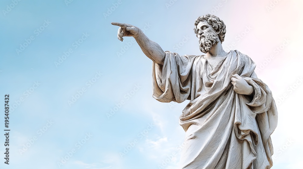 Fototapeta premium Ancient Greek Philosopher Statue Symbolizes Wisdom Leadership Under Soft Sunlight Sky