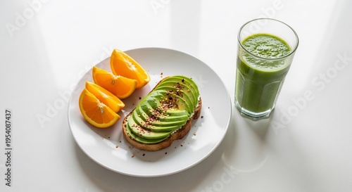 Healthy breakfast of avocado toast and fresh orange slices with a green smoothie
