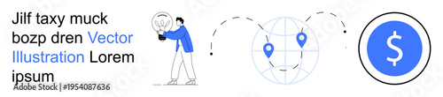Business strategy, financial growth, global navigation, e-commerce, location tracking, investments. A person holding a light bulb, a globe with location pins and a dollar symbol icon. Business