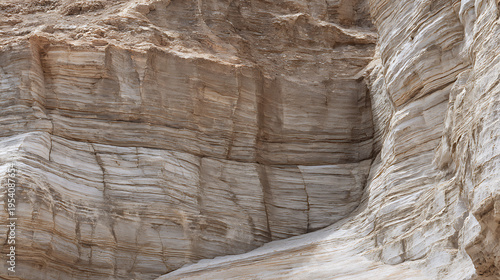 Natural geological rock formation features intricate horizontal and vertical stratifications, displaying diverse earthy tones and weathered textures outdoors