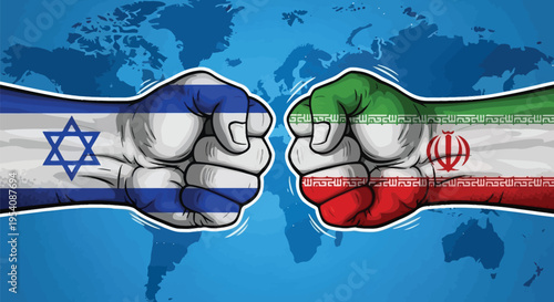 Israel and Iran flags on fists clashing, world map background, symbolizing intense conflict and rivalry between Middle Eastern nations
