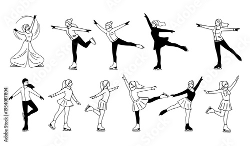 Female ice skating pose collection vector winter sports girls illustration set isolated on white