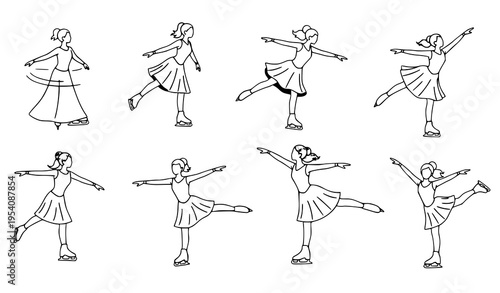 Ice skating girls vector set minimalist winter sport female skater poses isolated on white background