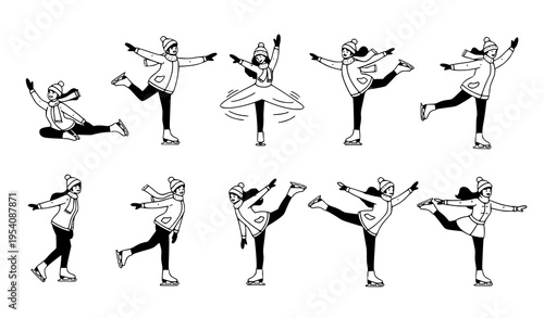 Ice skating girls vector set winter sport female skaters in different poses isolated on white background