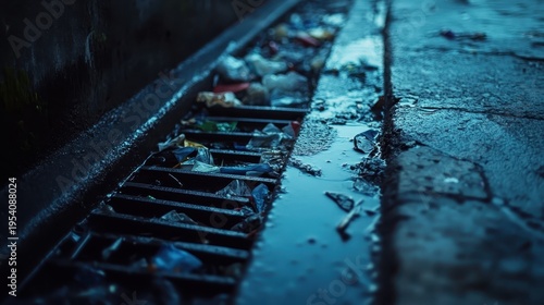 Accumulated trash and debris blocking a storm drain grate in a dim, wet urban environment.