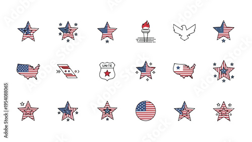 Flat lay of various educational icons and objects arranged on a clean white background for US travel and learning resources