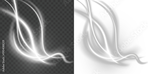 Wavy glowing white line of speed. Magic light trail of glittering comet tail. Luminous neon shape wave twirl. Neon blurry lines at motion. Glitter glow waves and sparkling flare tails. Vector png