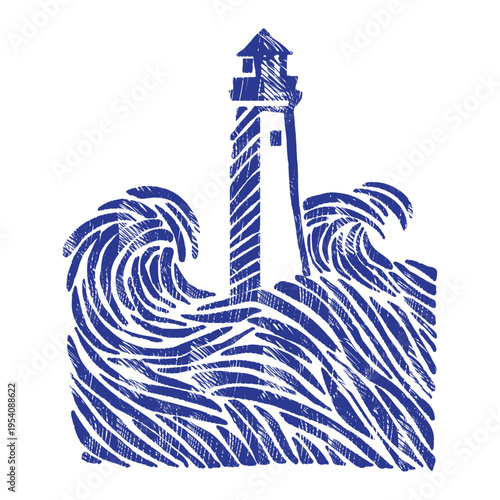 Blue lighthouse in stormy ocean: vector hand-drawn waves and tower. Indigo linocut illustration with turbulent sea, maritime engraving style and nautical storm scene isolated on white background