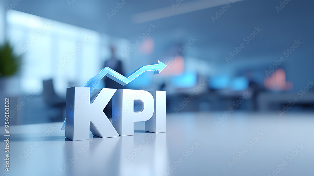 Fototapeta premium KPI success concept with a rising blue arrow, symbolizing growth and high performance in a modern, blurred office environment, perfect for business visuals