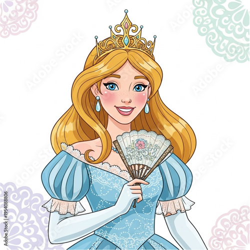 Cartoon Princess Wearing Crown and Holding Fan.