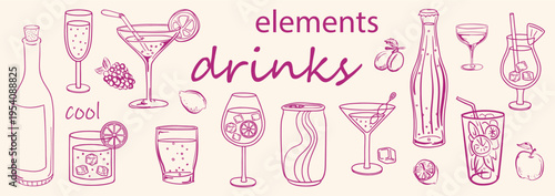 Vector various drinks element set. Hand drawn sketch drinks set. Abstract cool drink elements. Line art set. summer party . vector illustration