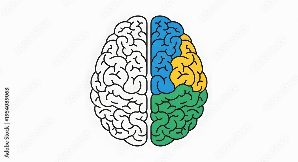 Fototapeta premium Brain Hemispheres Divided Colors Illustration.