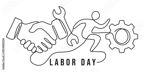Labor Day Line Art Illustration Showing Handshake Worker Gear and Wrenches