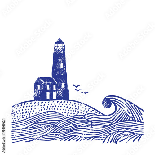 Blue lighthouse and house on hillside: vector hand-drawn ocean wave and seagulls. Indigo nautical illustration with crosshatching and dotted texture, maritime coastal scene isolated on white