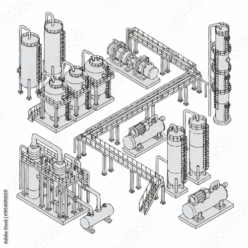 Detailed Isometric Line Art Illustration of a Chemical Processing Plant.