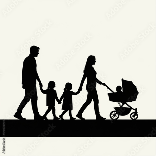Family Silhouette Walking with Stroller.