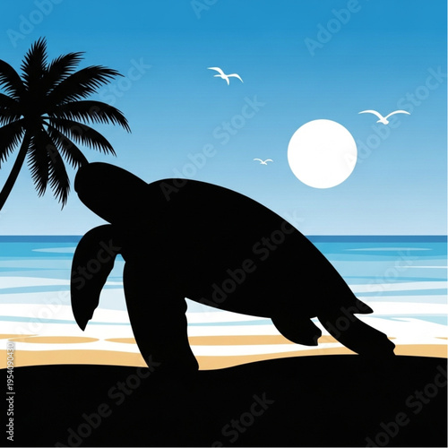 Sea Turtle Silhouette on Beach at Sunset.