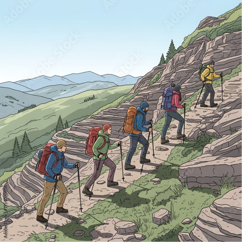 Group of Hikers on Mountain Trail.